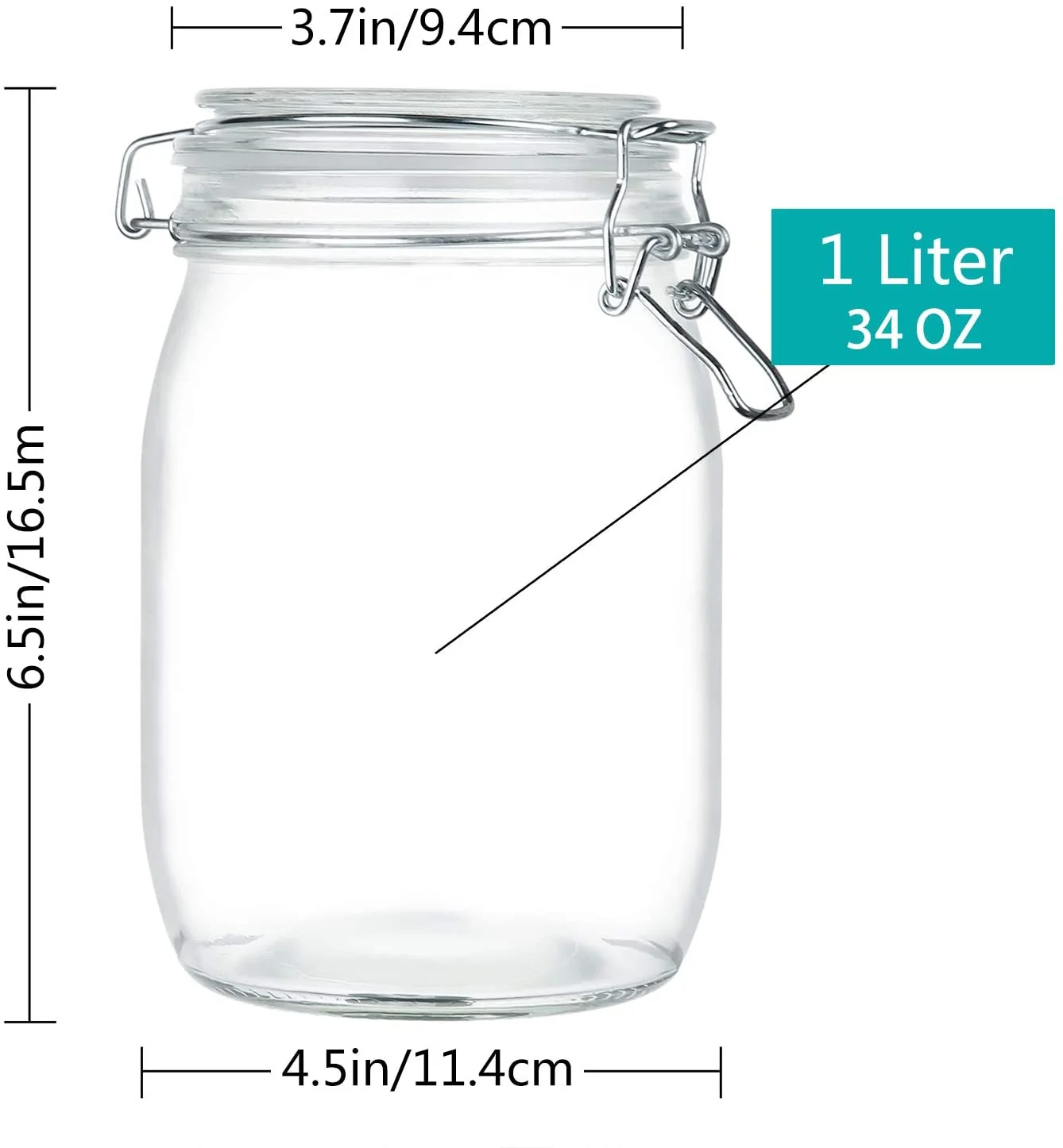 4 Pack Wide Mouth Mason Jars - 34 OZ Airtight Glass Canning Jars with Leak Proof Rubber Gasket and Clip Top Lids, Perfect for Storing Coffee, Sugar, Flour or Sweets
