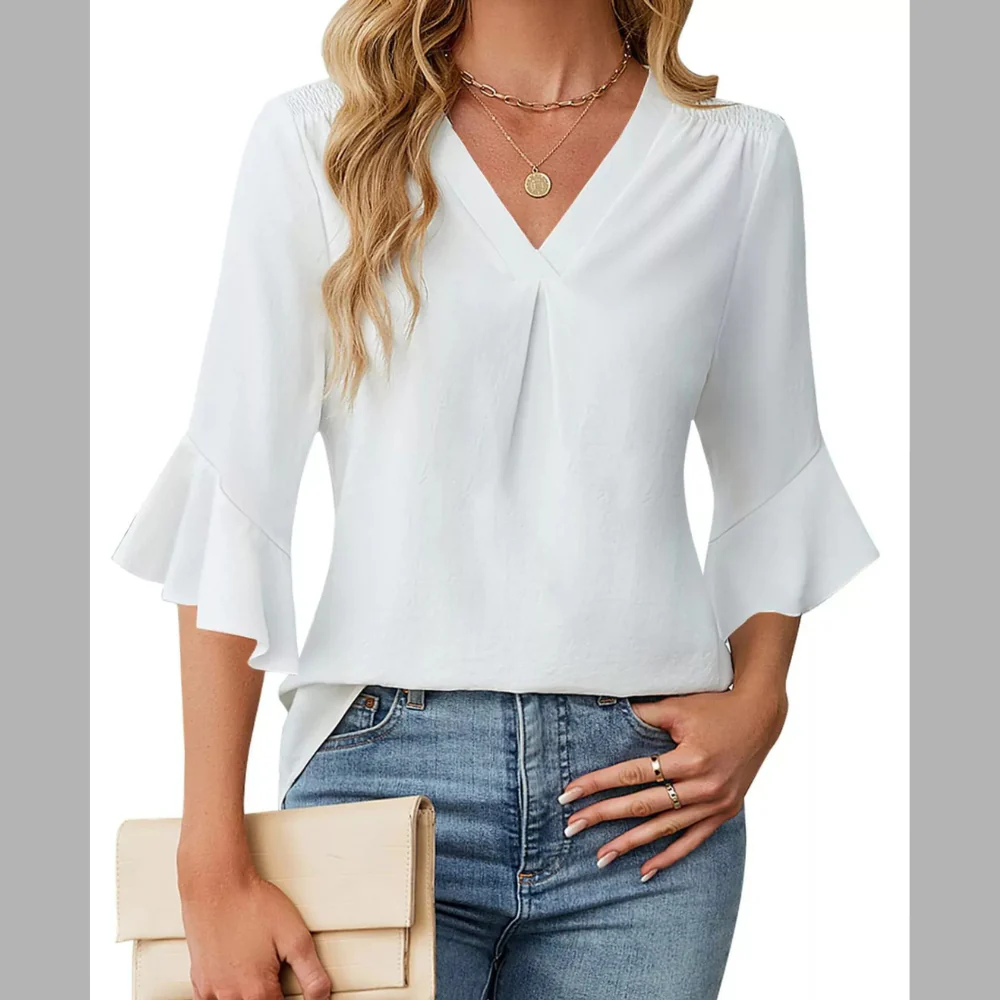 V-Neck Ruffle Sleeve Blouse - ZKZOOK