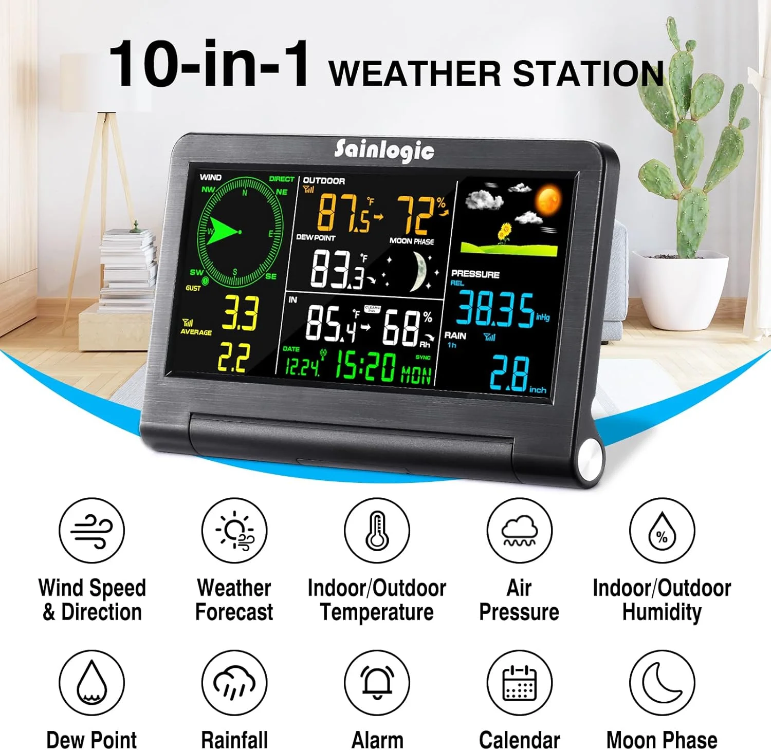 Sainlogic Weather Station Wireless Indoor Outdoor with Color Display,Rain Gauge,Wind Speed/Direction,Temperature,Humidity,Air Pressure,Forecast,Moon Phase,Alarm Clock(No WiFi)
