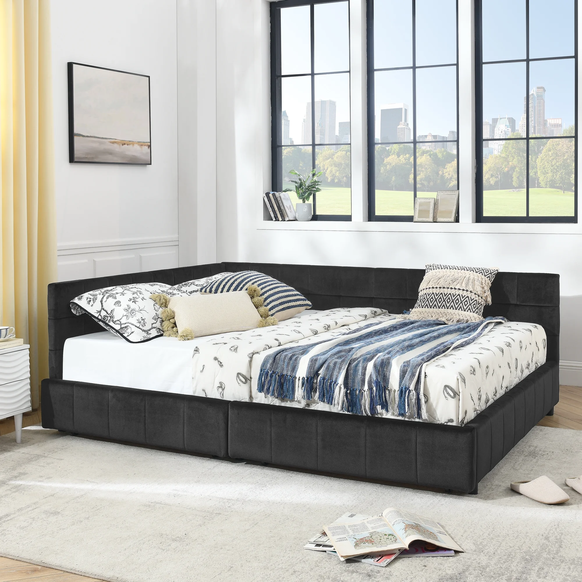 Homiyad Queen Size Storage Upholstered Tufted Bed Frame, Sofa Bed Frame with Comfortable Backrest and Armrests, Queen Size Bed for Bedroom, Living Room,Velvet, Black, 85.5''*64.5''*29.5''