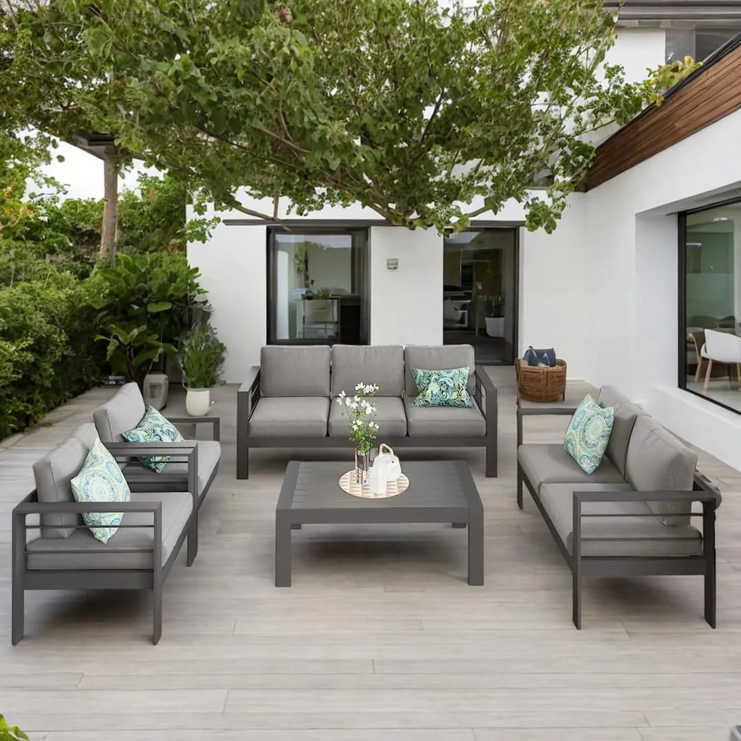CozyHom 5 Pcs Outdoor Patio Aluminum Furniture Sofa Sets, Outside Patio Conversation Couch Sets With Table&Cushions for Garden Porch, Gray - Image 54