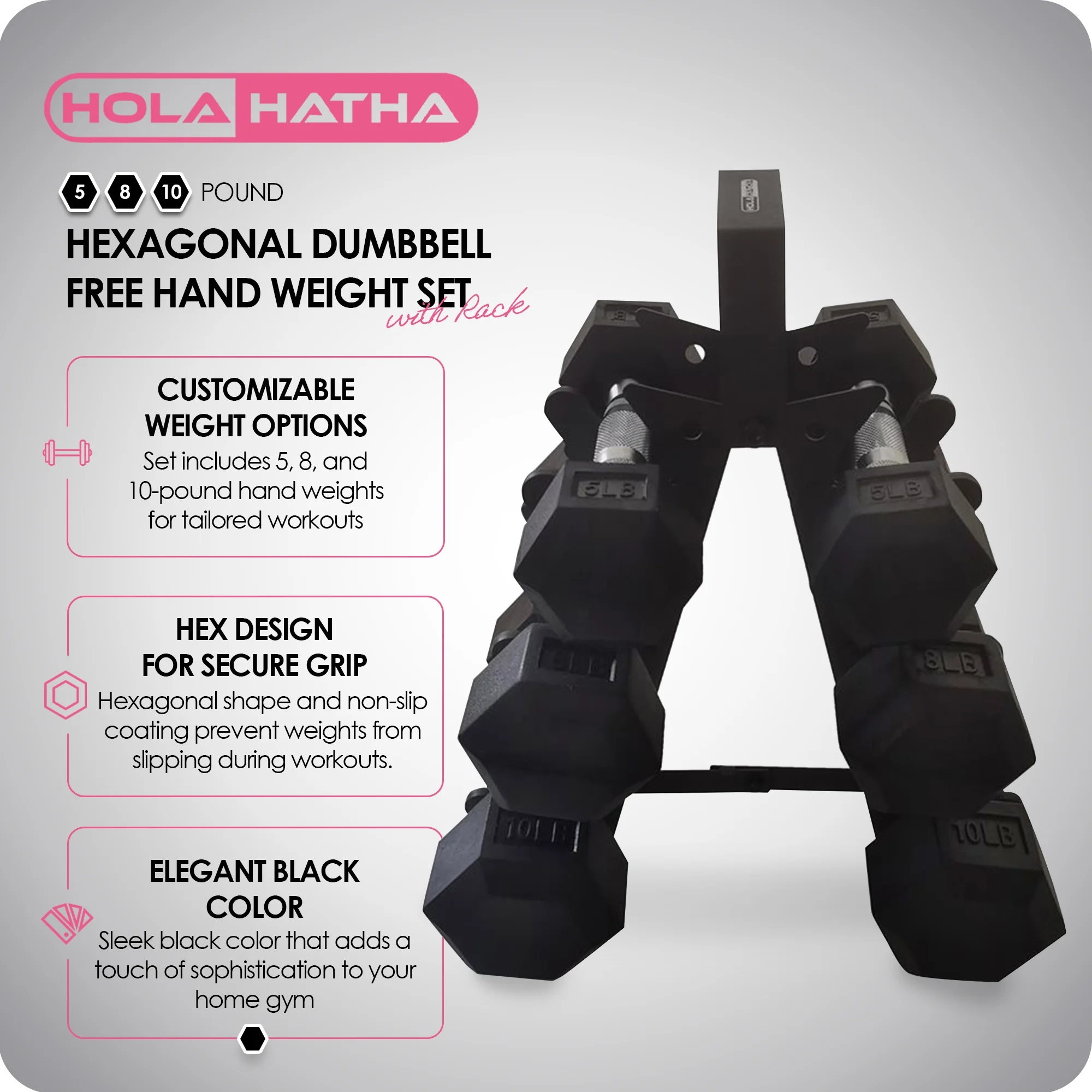 HolaHatha Hex Dumbbell with Rack, 5/10/15/20/25 lb (Black) - Image 17