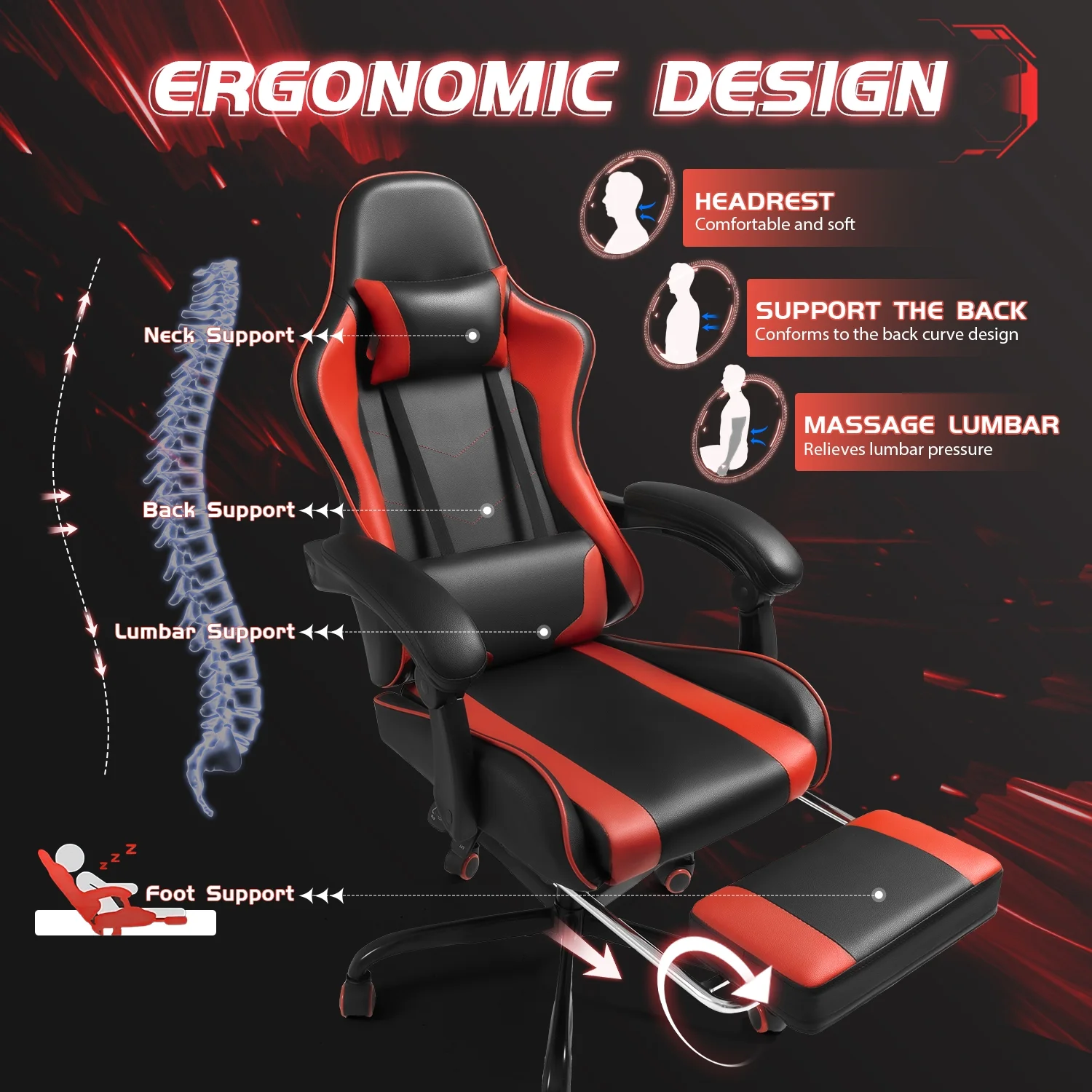 Lacoo PU Leather Gaming Chair Massage Ergonomic Gamer Chair Height Adjustable Computer Chair with Footrest & Lumbar Support, White - Image 48