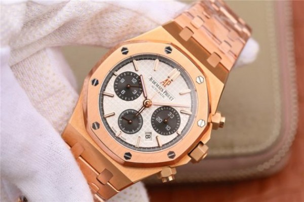 Replica Audemars Piguet Royal Oak Chronograph RG JHF White/Black Dial RG Bracelet A7750 - Elite Watch Atelier