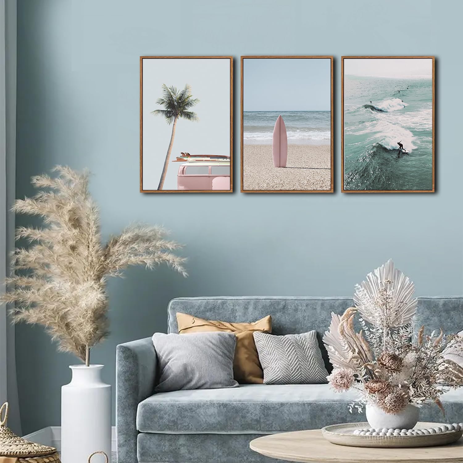 CHDITB Ocean Beach Framed Canvas Wall Art Set, Coastal Surfboard Wall Decor,Summer Coconut Tree Sea Wall Painting, Modern Surfing Art Prints for Living Room, Bedroom, Office- Large Size 24