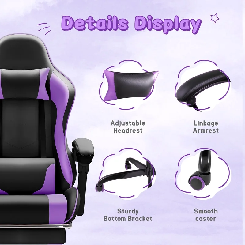 Lacoo PU Leather Gaming Chair Massage Ergonomic Gamer Chair Height Adjustable Computer Chair with Footrest & Lumbar Support, White - Image 40