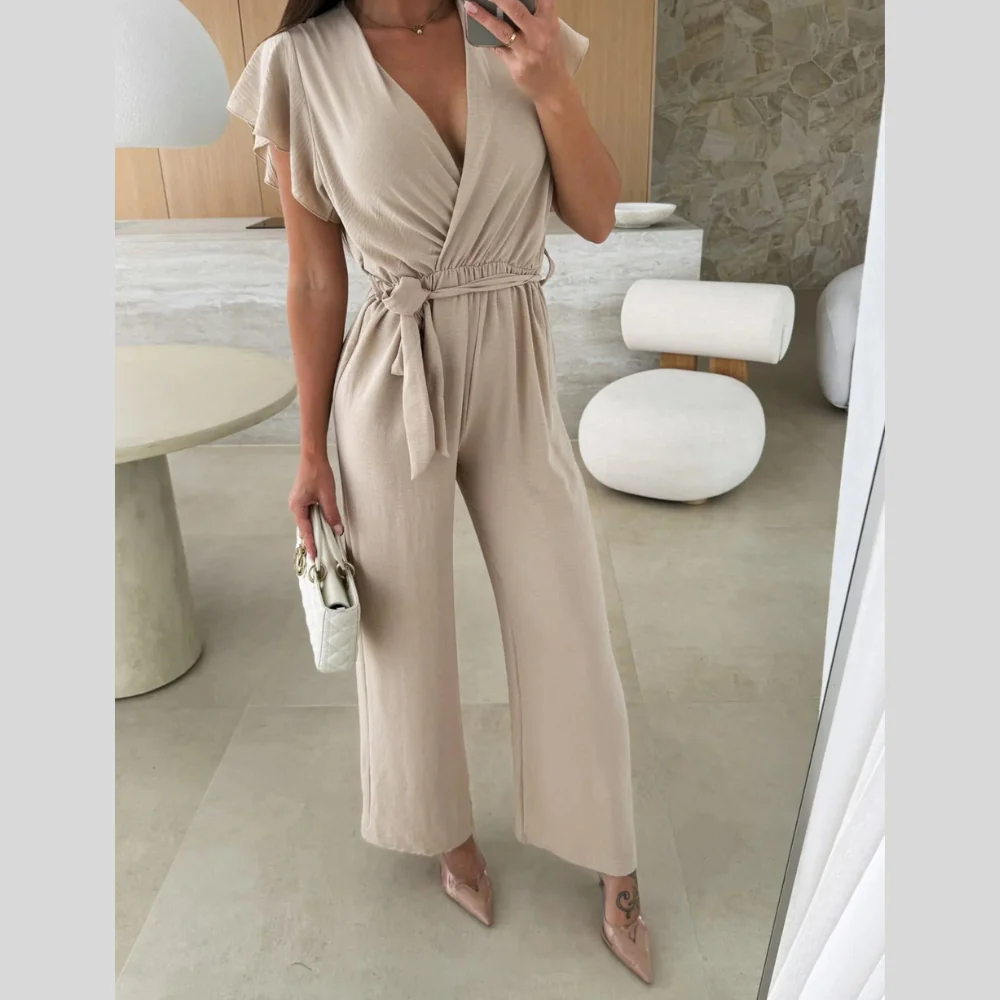 Surplice Wide Leg Belted Jumpsuit - ZKZOOK