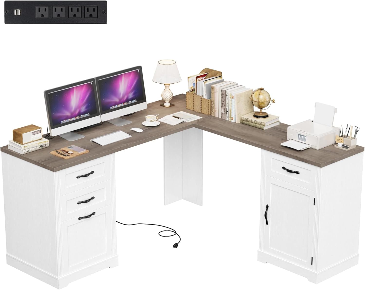 HIFIT Farmhouse Executive L Shaped Desk with Power Outlets, 60