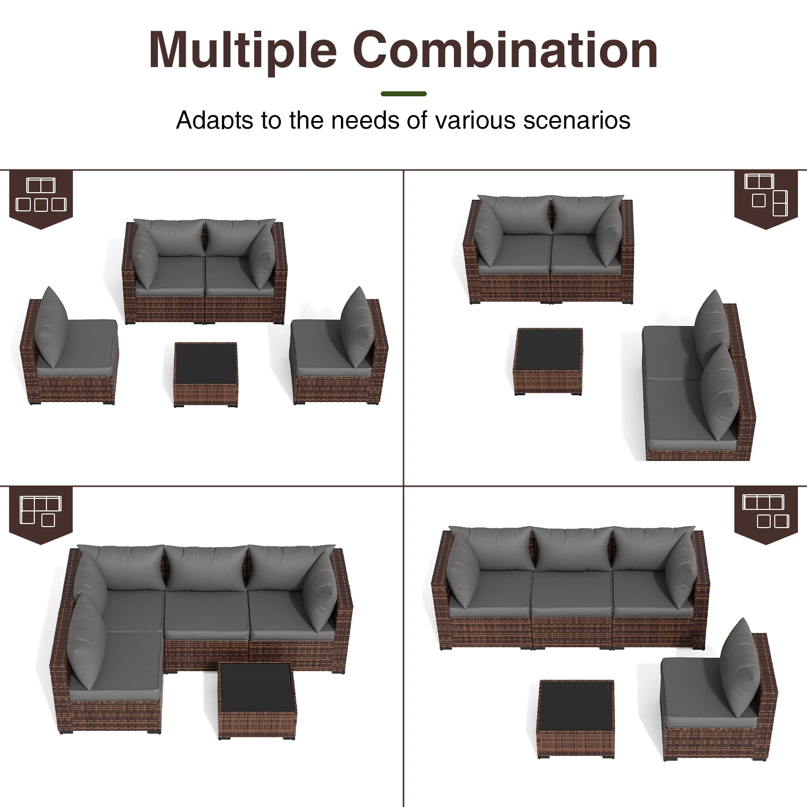 ELPOSUN Patio Furniture Set, Outdoor Patio Furniture Wicker Furniture Couch Set, 5 Pieces Outdoor Sectional Sofa, Patio Furniture Set, Outdoor Patio Set for Balcony Furniture (Grey) - Image 5