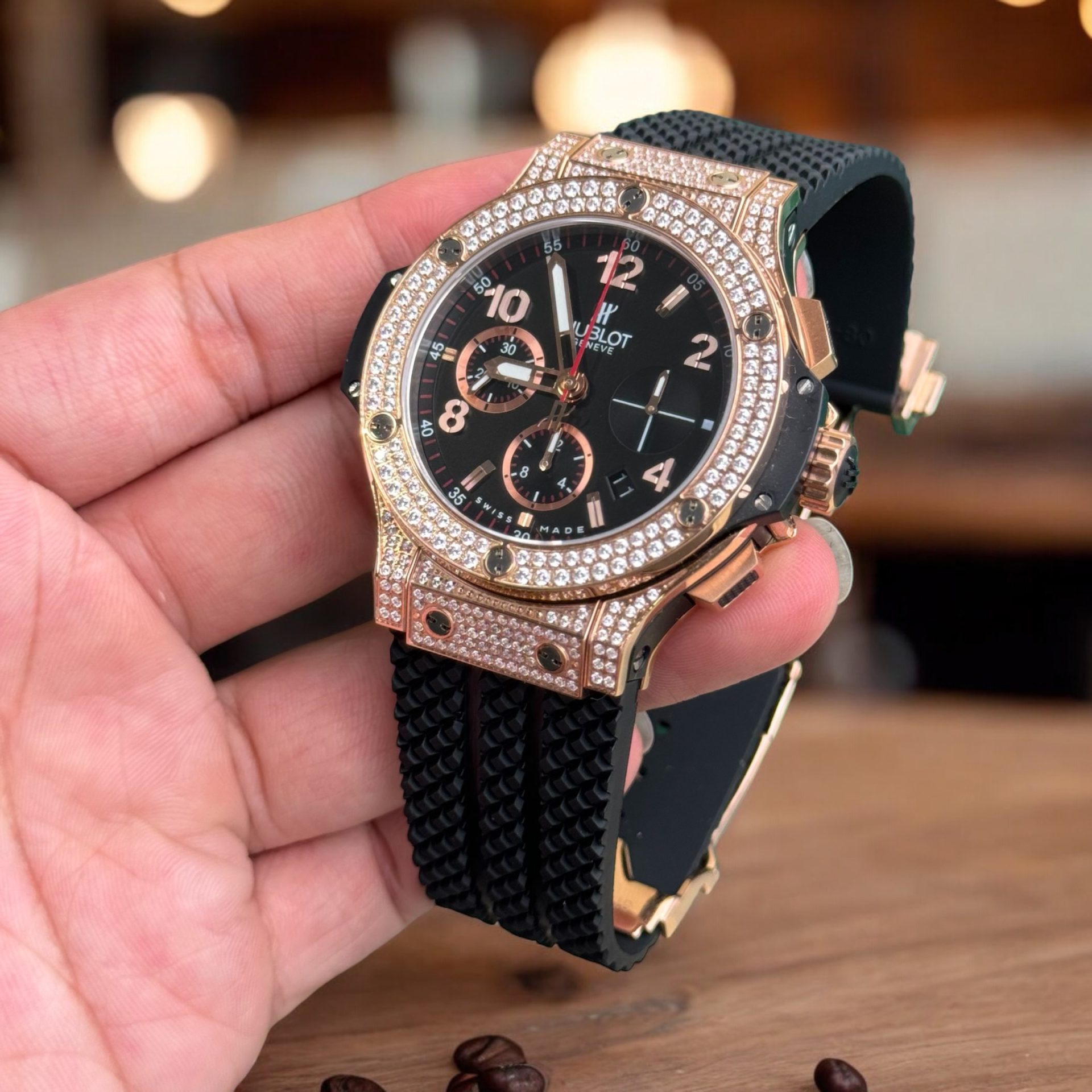 Hublot Replica 11 Watch Big Bang Chronograph Full Stone Face Black High Quality 44mm - Top club