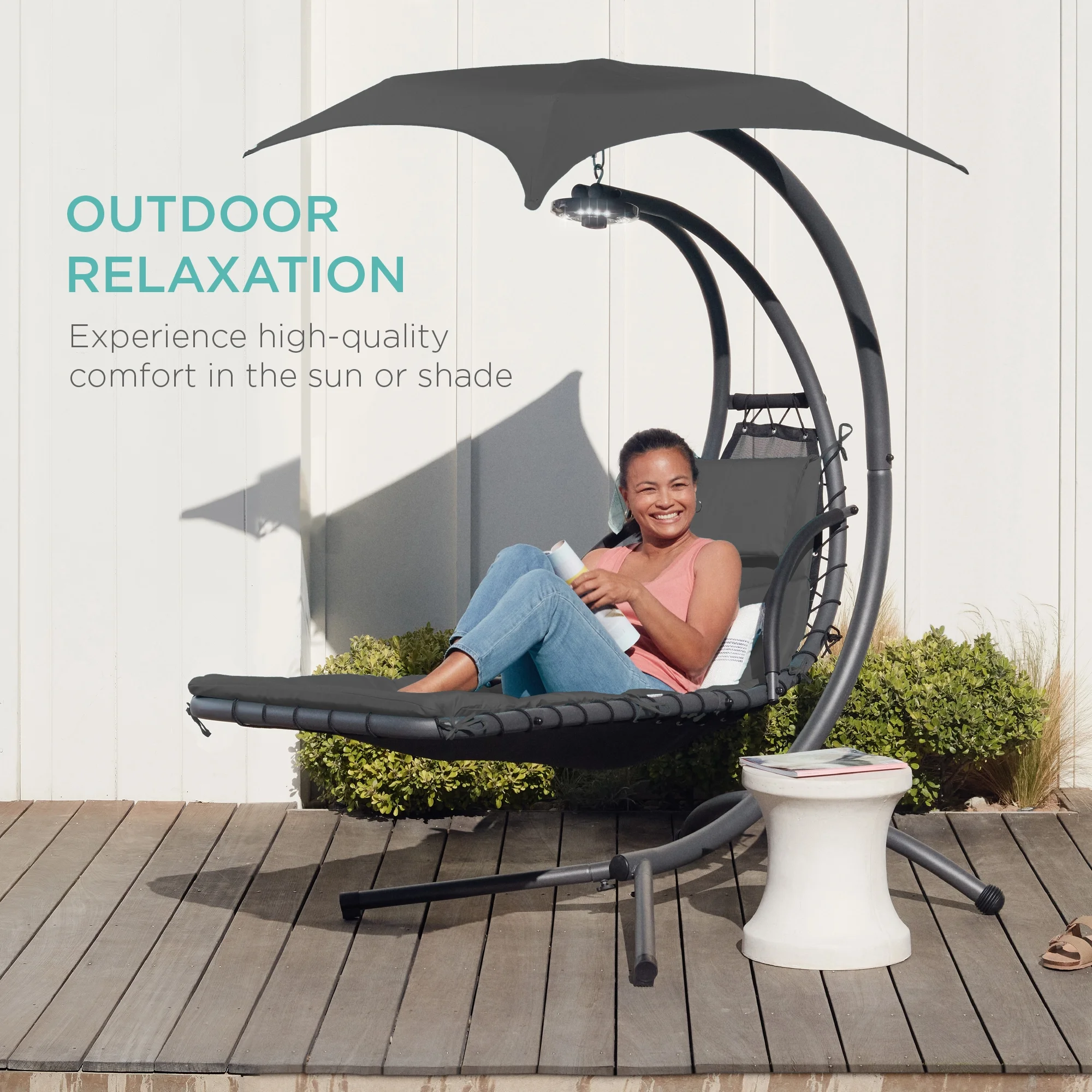Best Choice Products Hanging Curved Chaise Lounge Chair Swing for Backyard, Patio w/ Pillow, Shade, Stand - Teal - Image 54