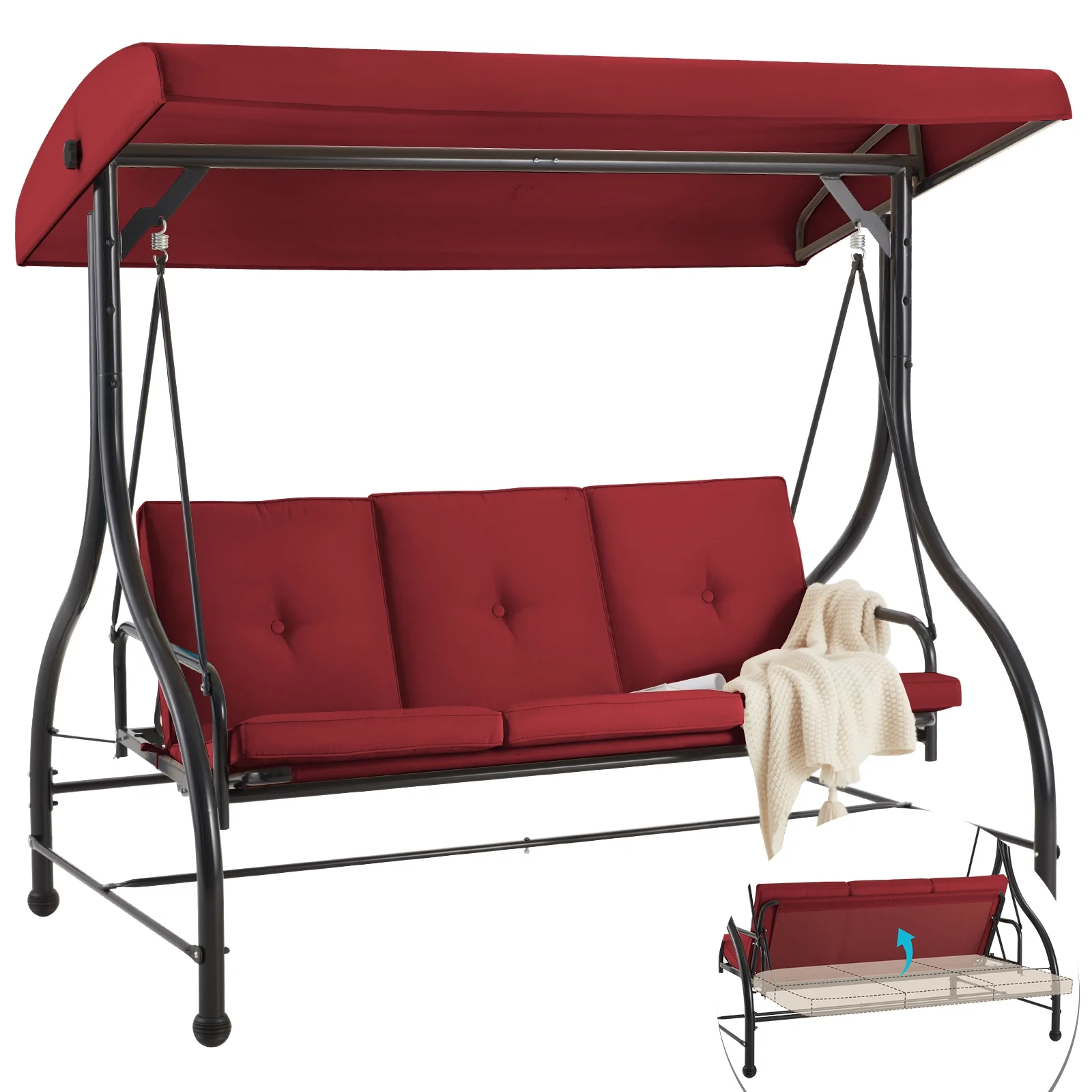 AECOJOY 3 Person Canopy Steel Porch Swing, Converting Swing Glider Hammock-Beige - Image 26