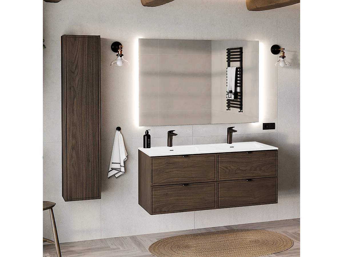 Ensemble meuble double vasque encastrée 120cm et colonne Elias Bois foncé