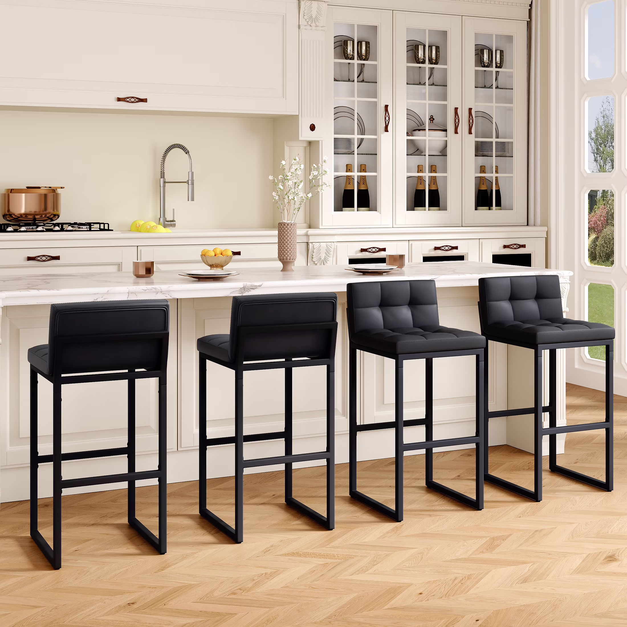 FIRAVOE Bar Stools Set of 3, Counter Height Bar Stools (Low Back)(Thickened Frame) 26" PU Leather Barstools Bar Chairs for Kitchen Island, Black - Image 3