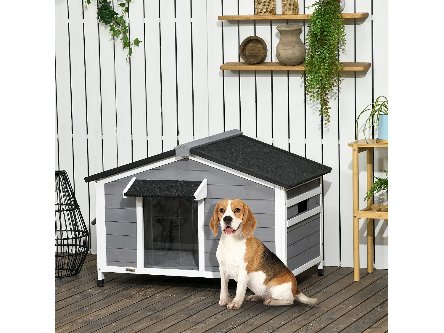 Niche chien style cottage - 2 fenêtres, porte, toit ouvrant bitumé - bois sapin gris