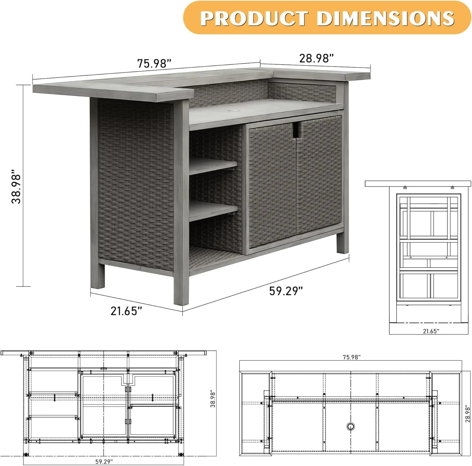 Domi Patio Bar Table, Outdoor Aluminum PE Wicker Bar Cart with Cabinet, All-Weather Storage Cabinet for Patio Kitchen or Bar, Wood Grain Finish