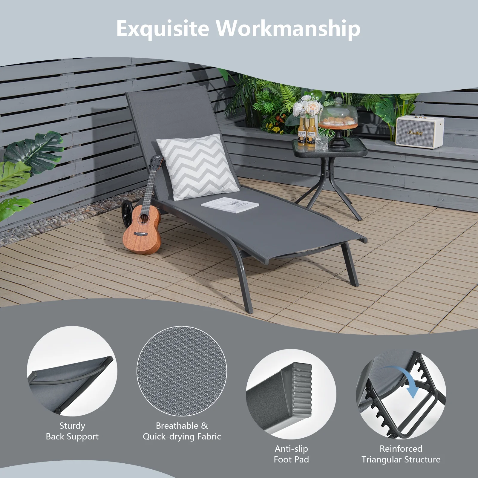 Costway 2PCS Outdoor Adjustable Chaise Lounge Patio 6-Position Recliner Wheels Black - Image 22