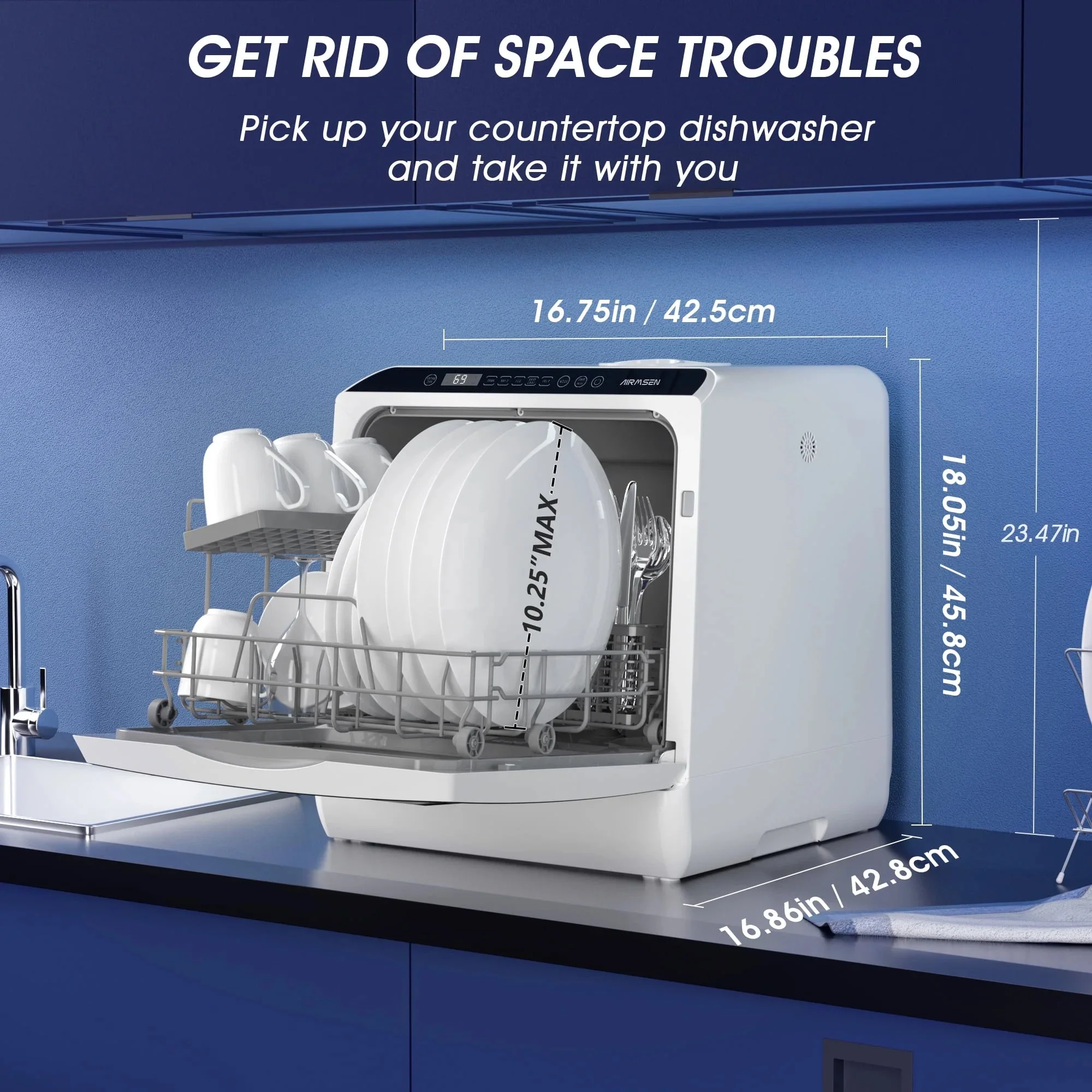 AIRMSEN Portable Countertop Dishwasher With 5L Built-In Water Tank And 5 Washing Programs - AE-TDQR03