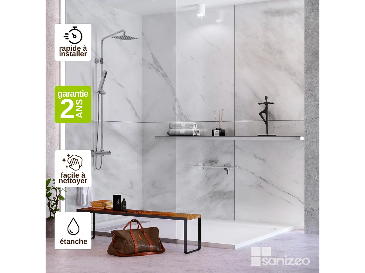 Kit 2 Panneaux Muraux Décoratifs de Douche - 120x120 cm  - Ép. 4mm - Effet Marbre Gris - VERSILIA KOBERTIN