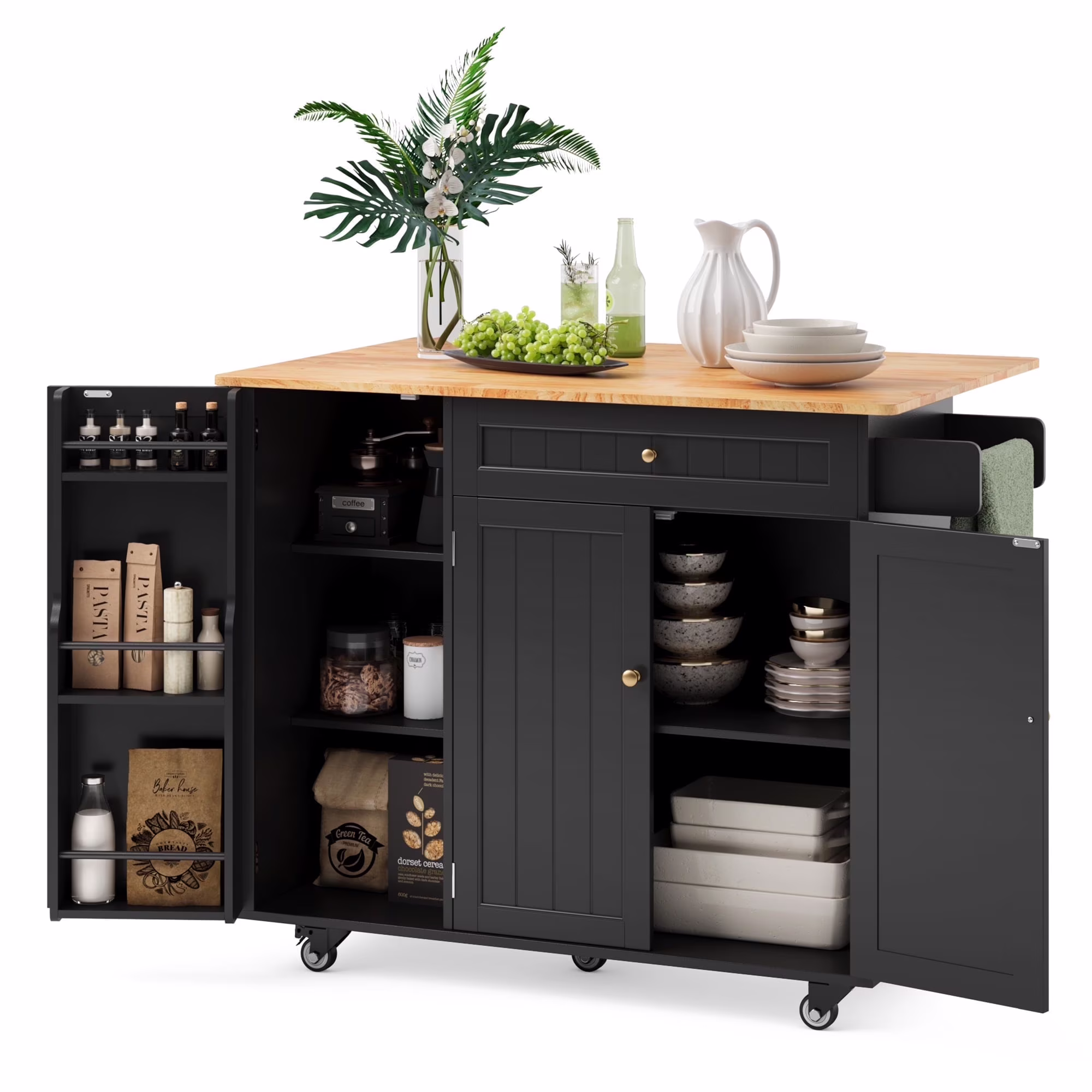 Noelse Kitchen Island with Storage, Island Table for Kitchen with Drop Leaf, Spice Rack, Towel Bar for Small Kitchens, White - Image 5