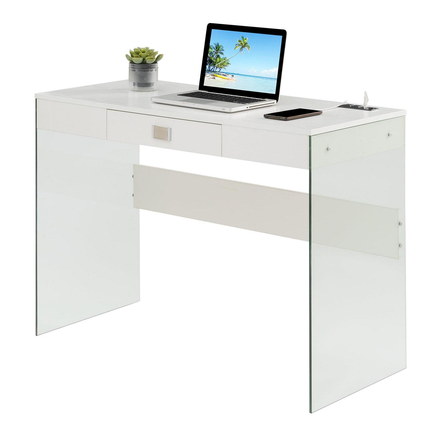 Convenience Concepts SoHo 30″H 42″ W Glass Desk with Charging Station. White/Glass. All Ages