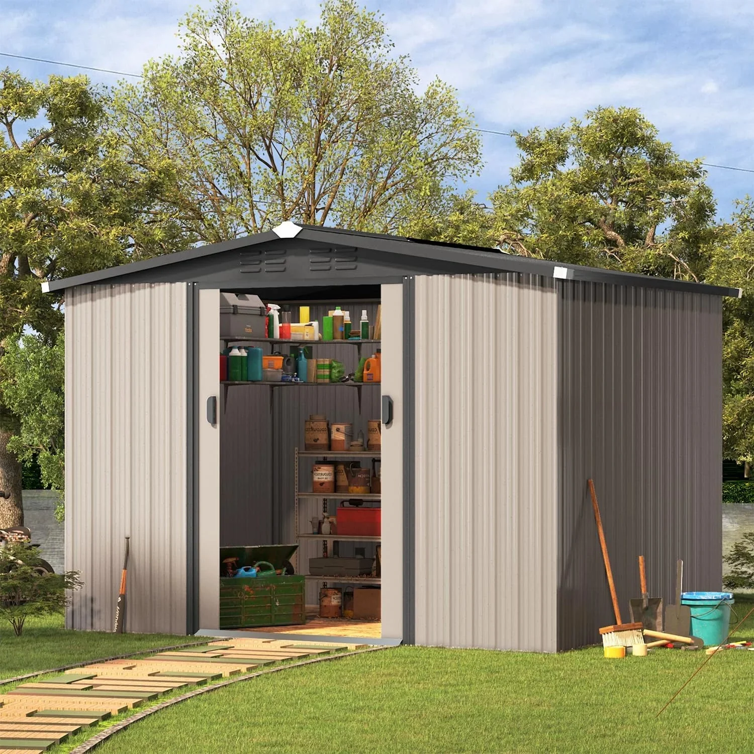 U-MAX 8 x 6 ft. Wood Grain Outdoor Metal Storage Shed With Lockable Door - Image 16 U-MAX 8 x 6 ft. Wood Grain Outdoor Metal Storage Shed With Lockable Door - Image 16