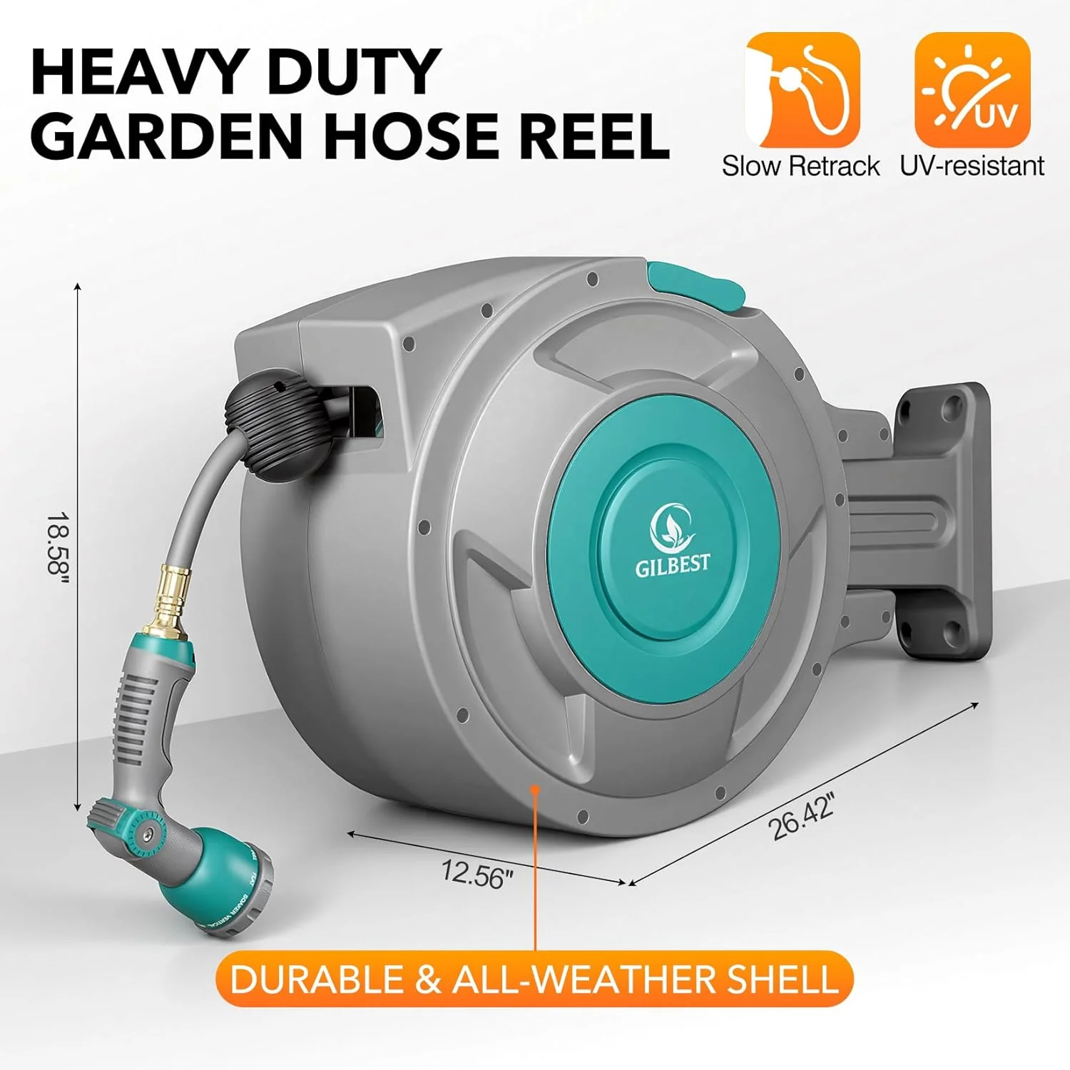 GILBEST Retractable Garden Hose Reel, 100 ft x 5/8 in, Green, 10-Function Nozzle - Image 6 GILBEST Retractable Garden Hose Reel, 100 ft x 5/8 in, Green, 10-Function Nozzle - Image 6