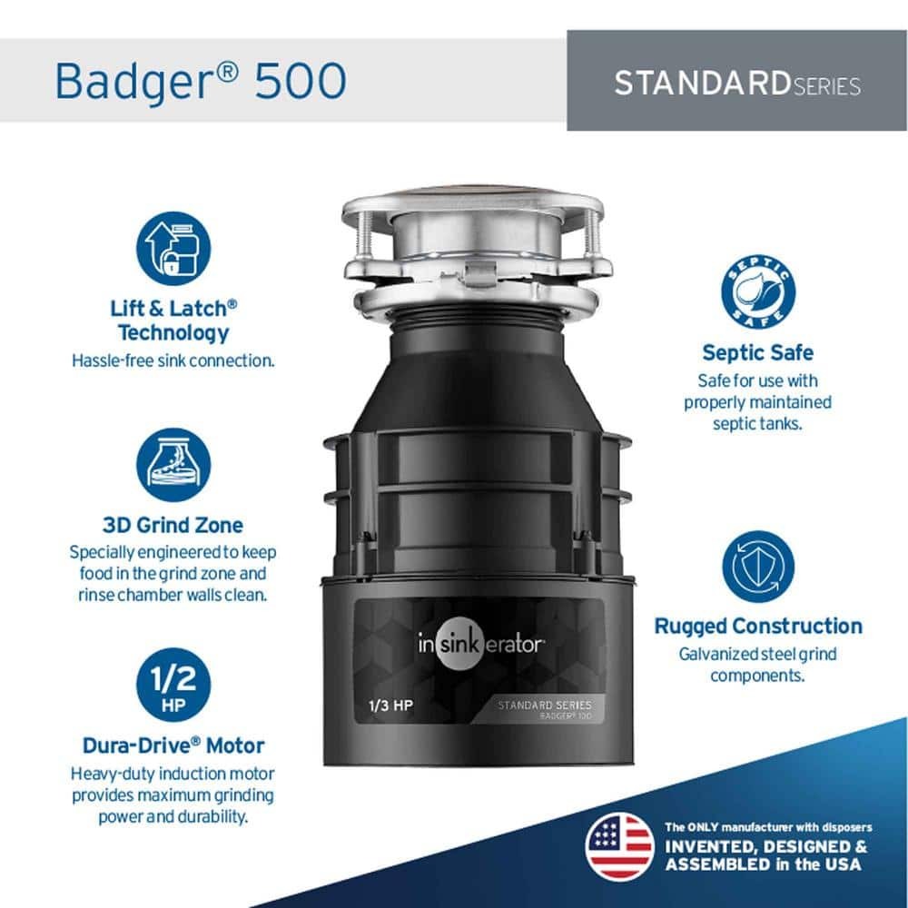 InSinkErator - Badger 500, 1/2 HP Continuous Feed Kitchen Garbage Disposal, Standard Series