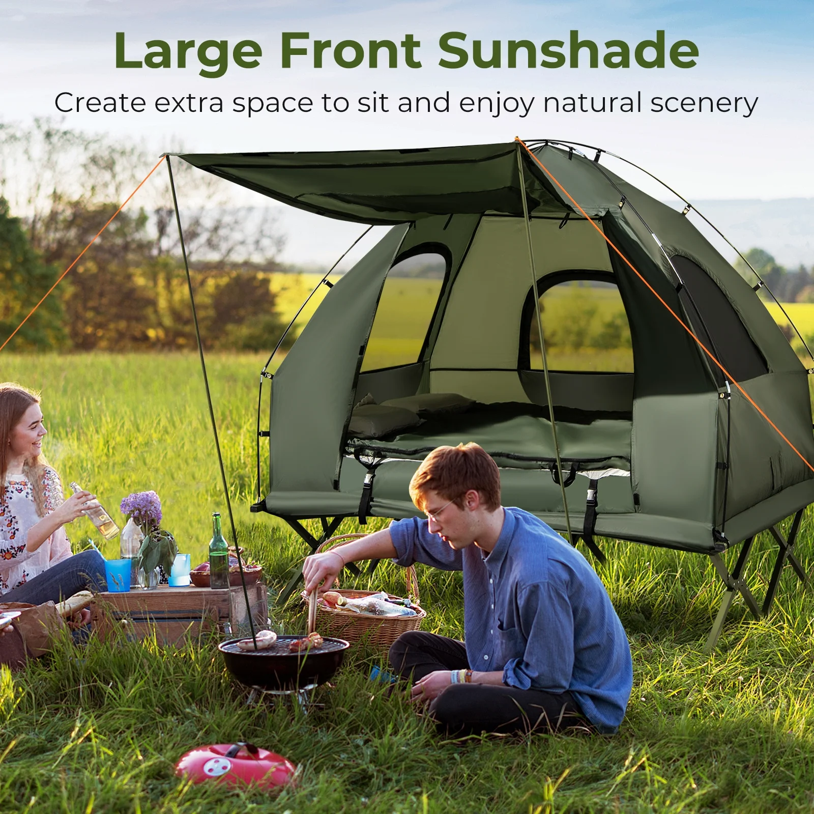Patiojoy Folding 2-Person Camping Tent Cot Portable Pop-Up Tent with Sleeping Bag&Air Mattress for Outdoor Activity
