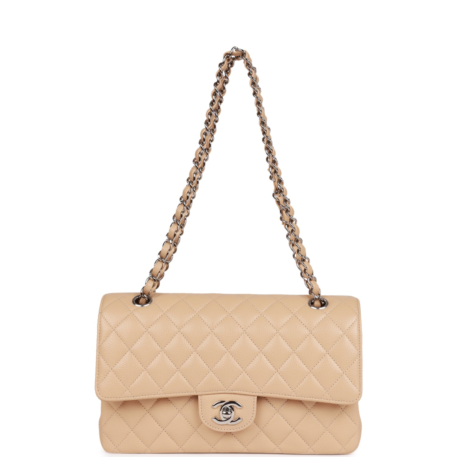 Chanel Classic Flag Bag Medium Classic Double Flap Bag Beige Caviar Silver Hardware1:1High-quality replica