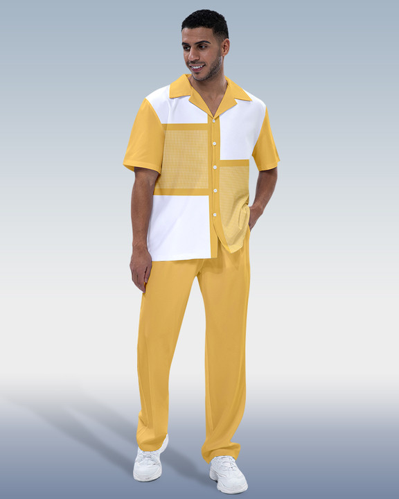 Suitmens Men's Colorblock Print Short Sleeve Shirt Walking Set 282