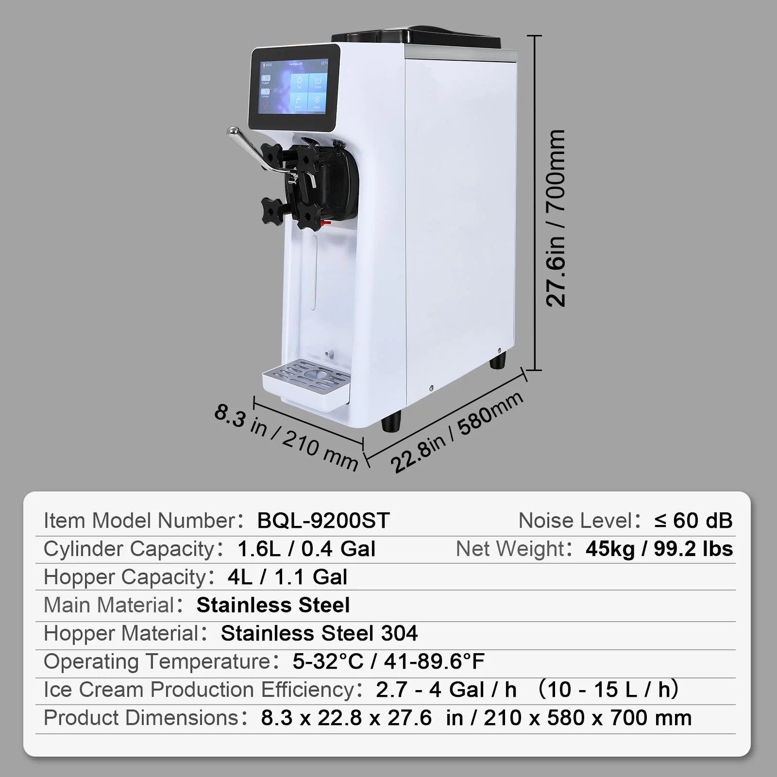 KFFKFF Commercial Ice Cream Machine Output of 10.6 QT/H, 1000W Single Taste Tabletop Soft Serve Ice Cream Device, 4L Reservoir 1.6L Cylinder, Digital Screen Automatic Cleaning Pre-chilling - Image 3