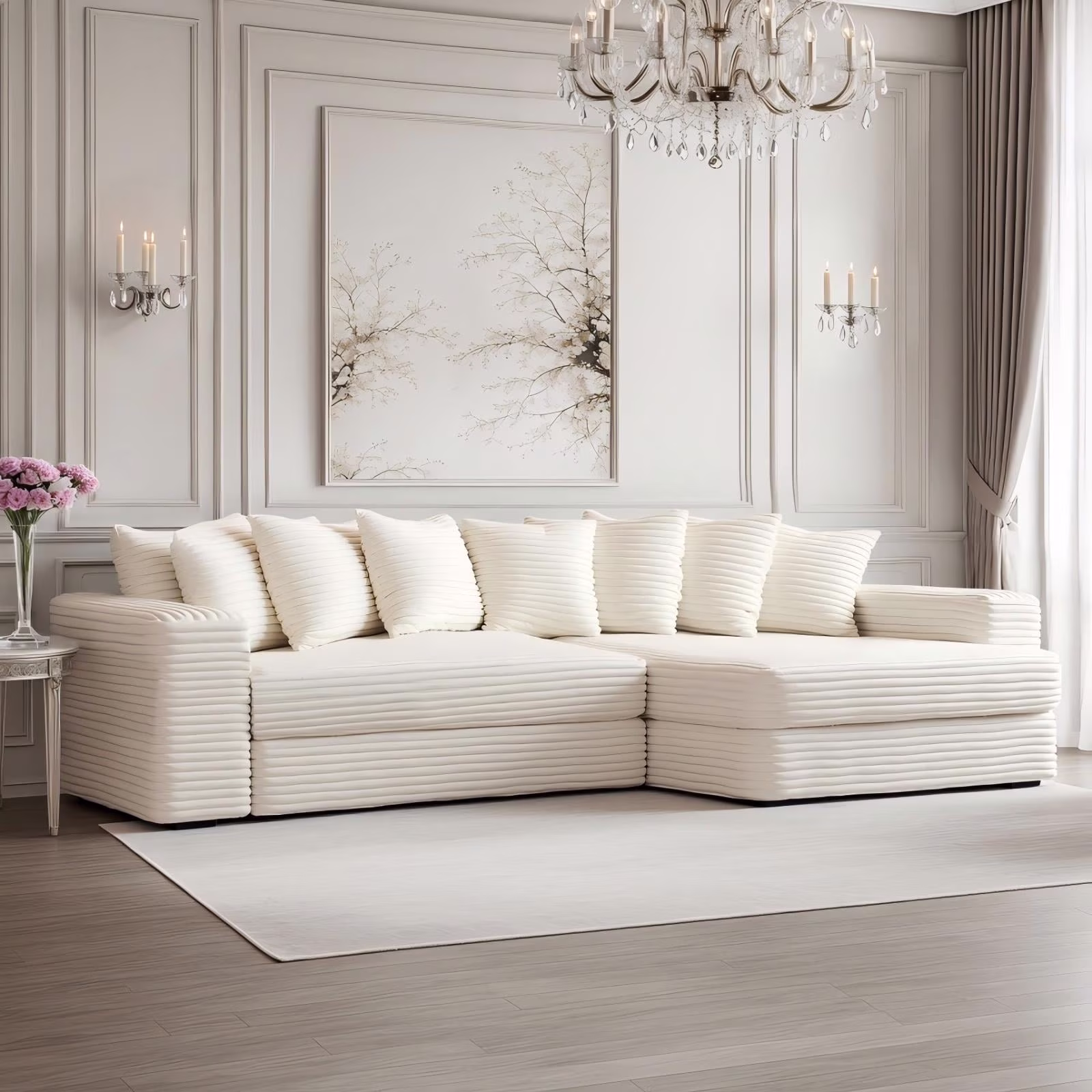 Advwin 110" Oversized L Shaped Sofa with Chaise, Comfy Plush 2-Piece L-Shaped Sectional Couches with 8 Pillows, Soft Fluffy Upholstered Sofa Bed for Living Room Apartment Bedroom, Light Gray - Image 7
