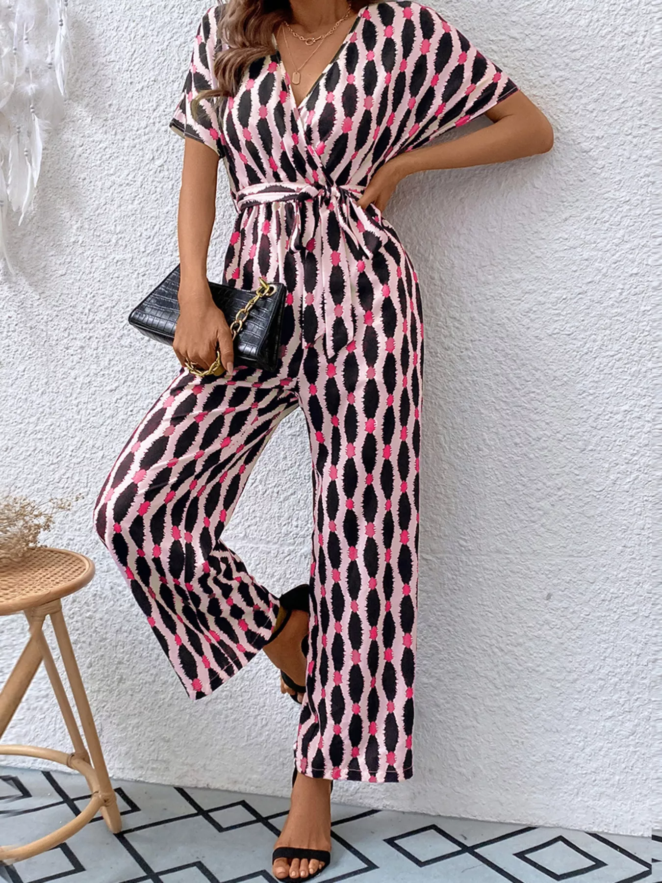 Printed Surplice Tie Waist Short Sleeve Jumpsuit - ZKZOOK