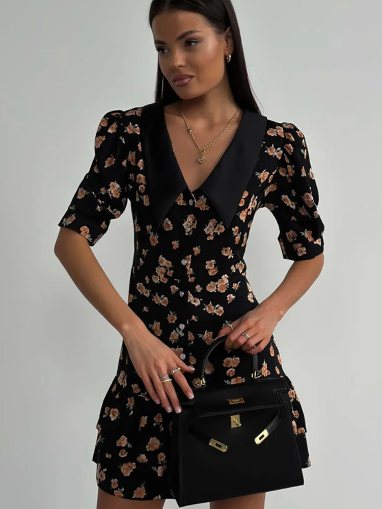 Short Sleeve Floral Mini Dress For Women Robe Turn-down Collar Elegant French Dress Ladies Fashion High Waist Dresses - AZJHJ
