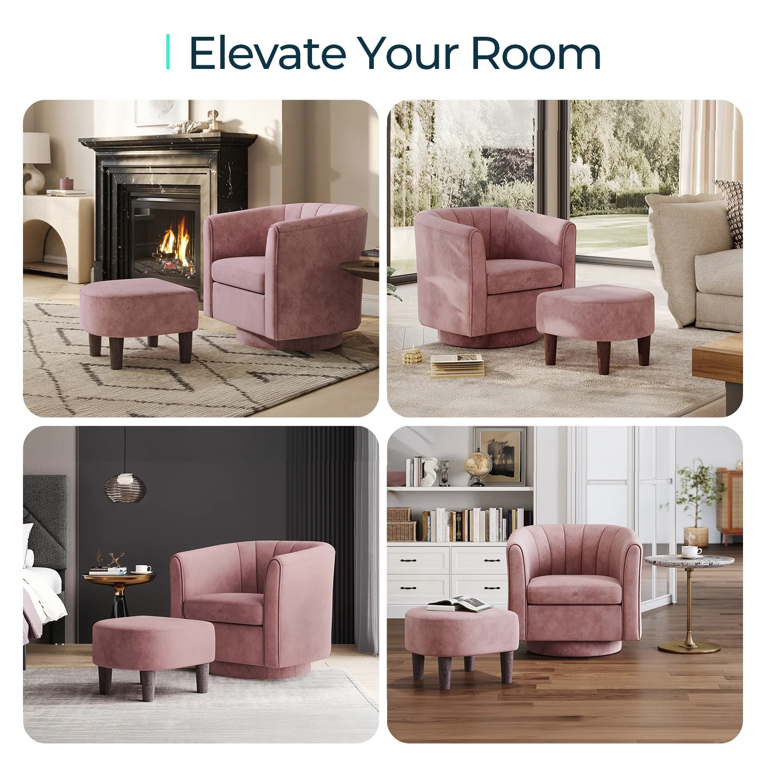 LINSY HOME Swivel Accent Chair with Ottoman, Velvet Barrel Chair for Living Room, Blue - Image 22