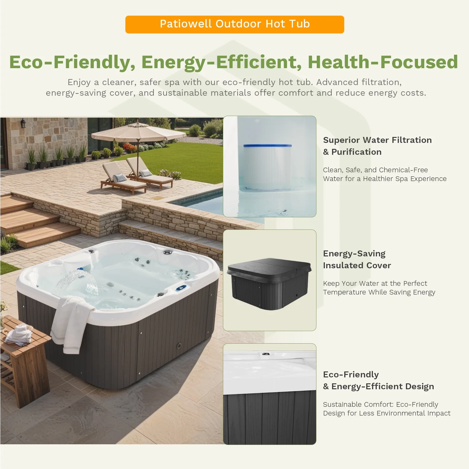 Patiowell 2 Person Home Spa Hot Tub for Outdoor, with 41pcs Massage Jets, LED lighting, Built-In Water Purification System, 900L, Black - Image 15