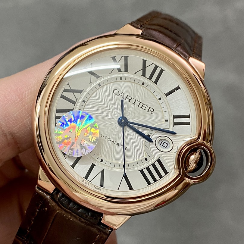 Fake Cartier Watch Ballon Bleu de Rose Gold 42mm Silver Dial Leather Strap WGBB0030 AF(1:1 replica) - Top club