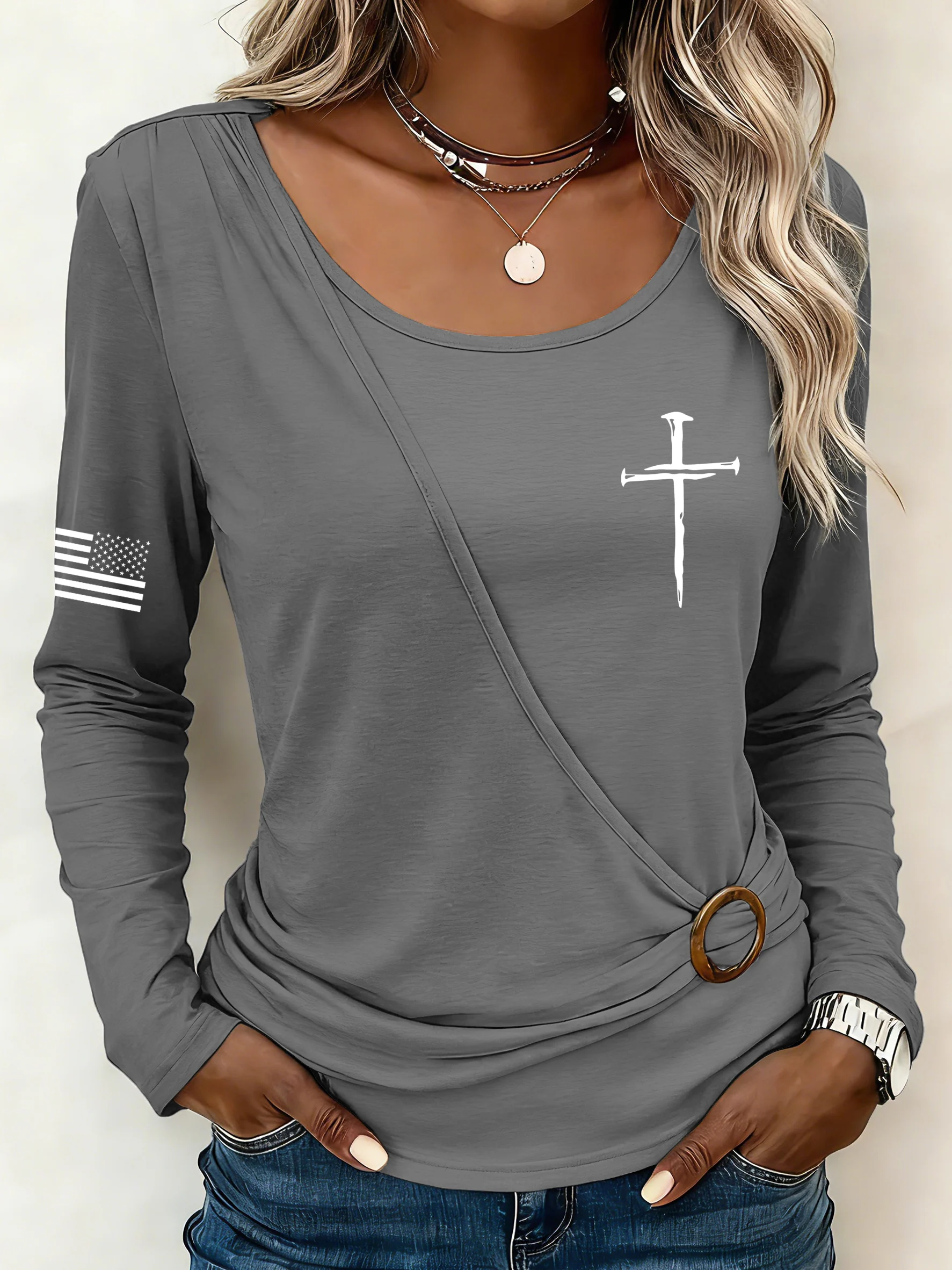 Women's Vintage Faith Cross Printed Round-Neck T-Shirt