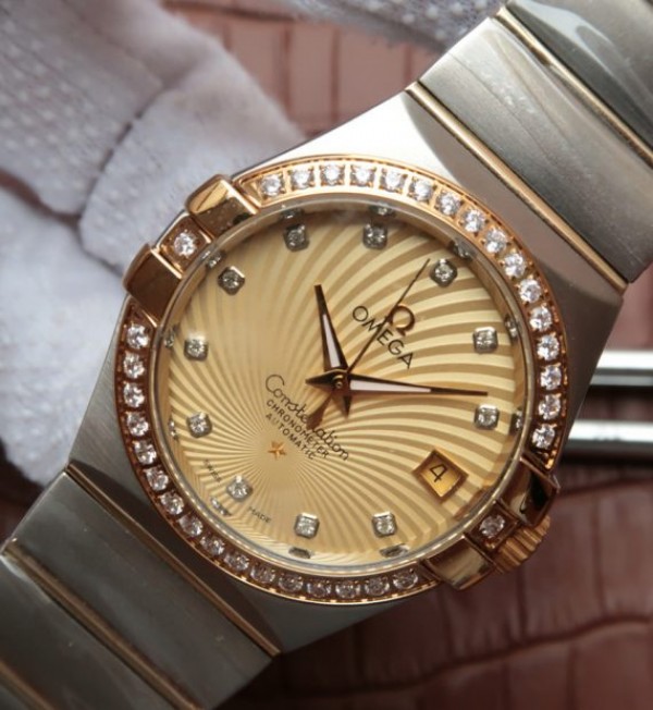 Replica Omega V6 Constellation 35mm Diamonds Bezel YG Textured Dial SS Bracelet A2500 - Elite Watch Atelier