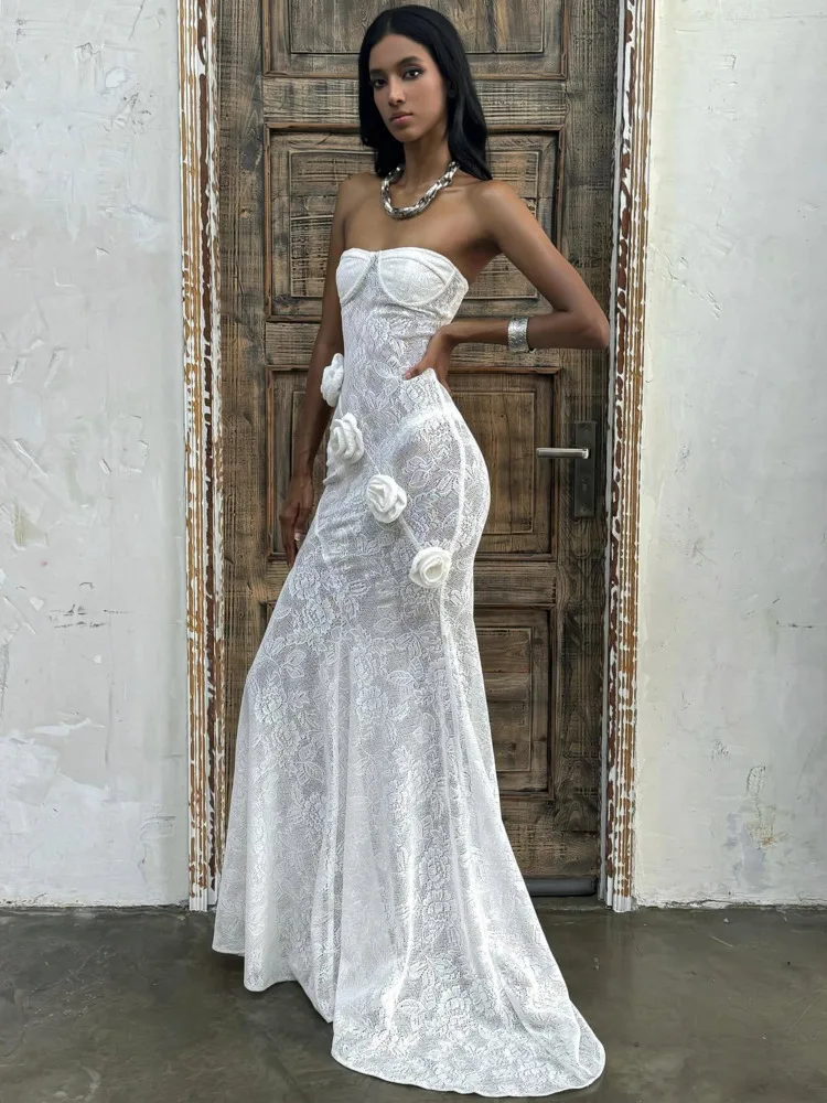 Elegant Lace Patchwork Bodycon Party Evening Dress Women Sexy Strapless 3D Flower Slim Backless Dress Autumn/winter 2025 - AZJHJ