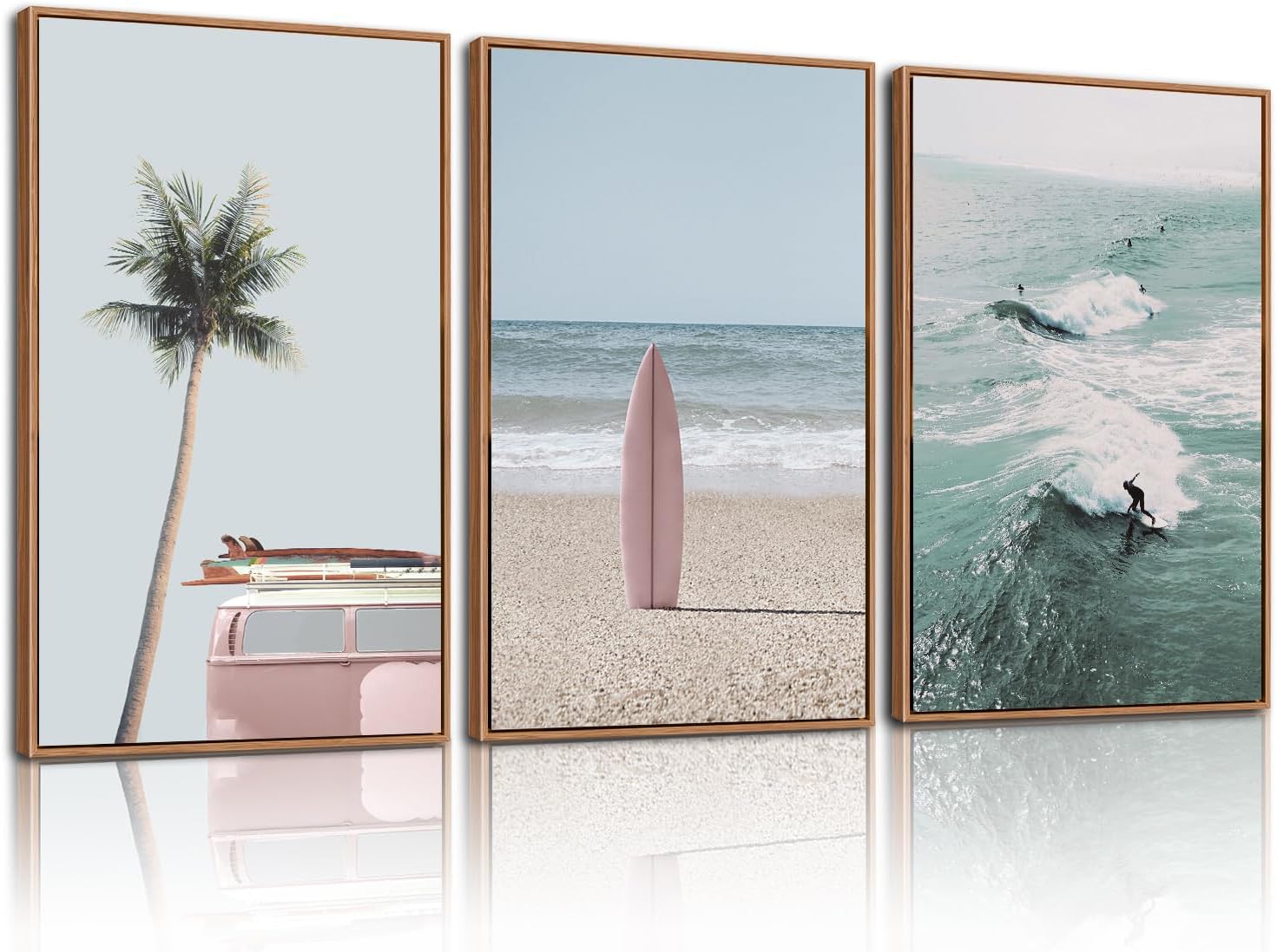 CHDITB Ocean Beach Framed Canvas Wall Art Set, Coastal Surfboard Wall Decor,Summer Coconut Tree Sea Wall Painting, Modern Surfing Art Prints for Living Room, Bedroom, Office- Large Size 24