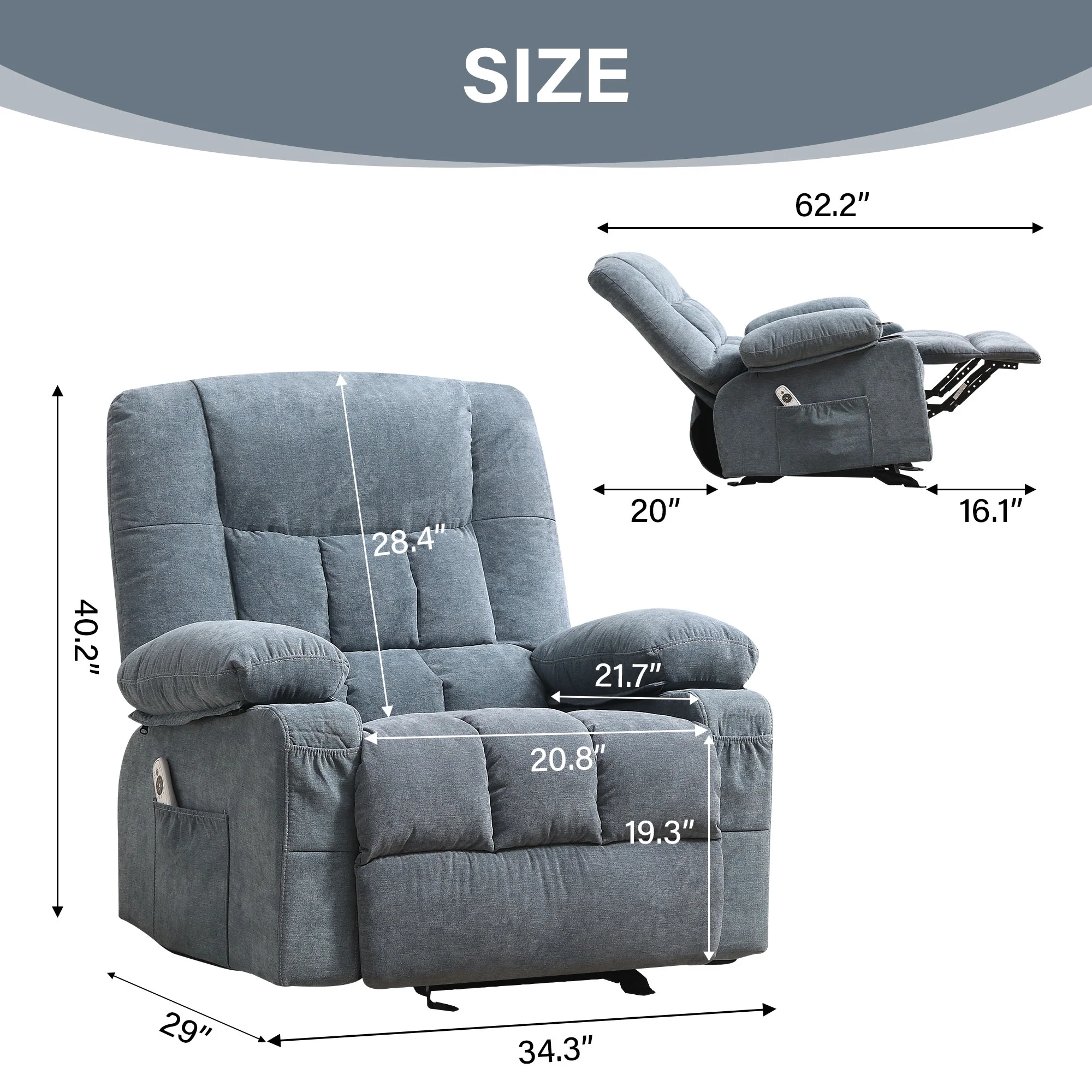 JONPONY Manual Recliner Chair with Heat Therapy and Massage Function, Heavy Duty Reclining Mechanism Massage Chair, Elderly Single Rocker Sofa with Cup Holders for Bedroom Home Theater,Blue