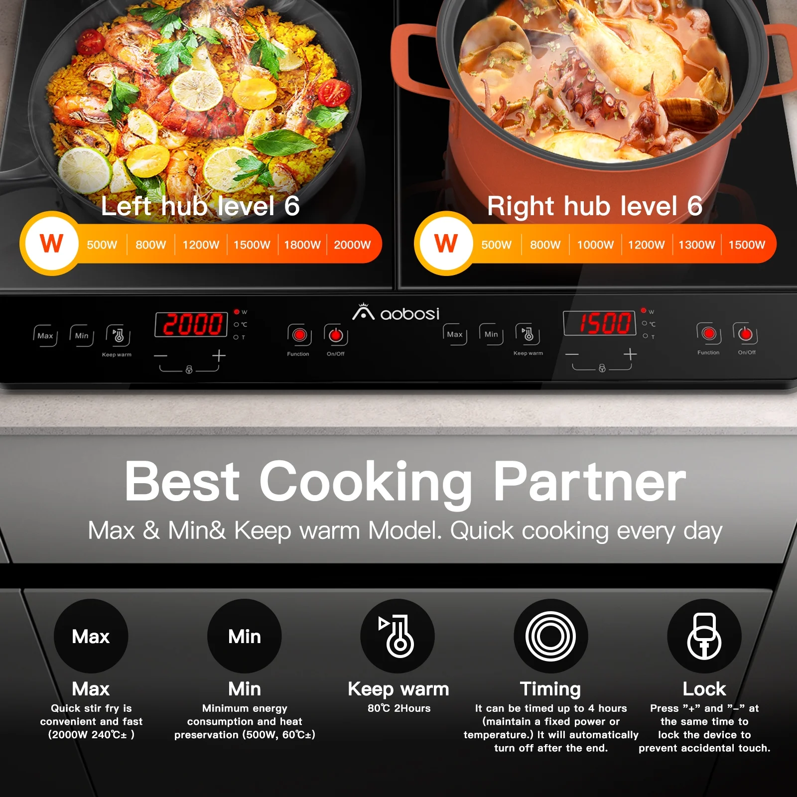 Aobosi Double Induction Cooktop with 2 Burners, 1800W Electric Stove Cooktop with Sensor Touch, 10 Temperature 9 Power Settings - Image 3