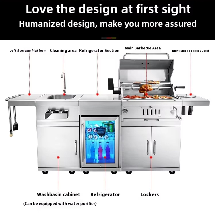 Premium Korean Style Outdoor Kitchen Gas BBQ Grill Stainless Steel 6+1 Burner Refrigerator Sink Tap Cabinet Trolley Electronic