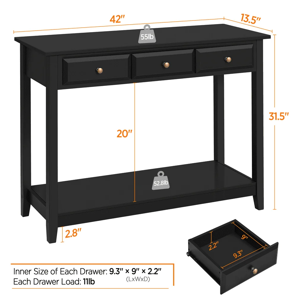 Topeakmart 3-Drawer Wooden Console Table Entryway Table with Storage Shelf Pine Wood Legs, Black - Image 14