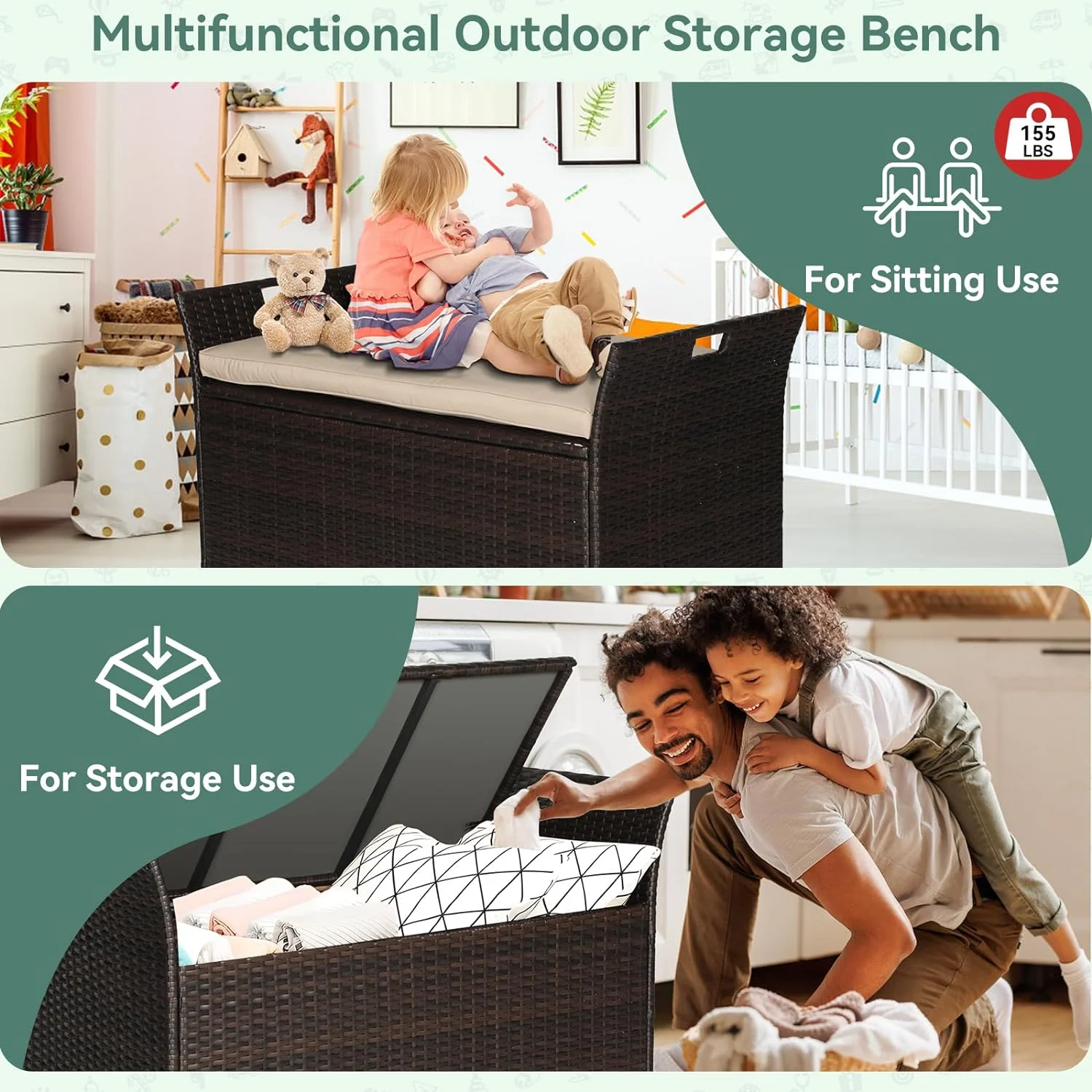 SOLAURA 90 Gallon Patio Wicker Storage Bench w/Cushion, Outdoor Rattan Deck Storage Box w/Handles & Hydraulics, Gray - Image 16