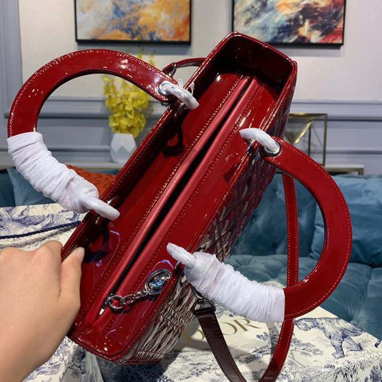 Christian Dior Large Lady Dior Bag Silver Hardware Cherry Red Patent For Women 12.5in/32cm CD1:1High-quality replica