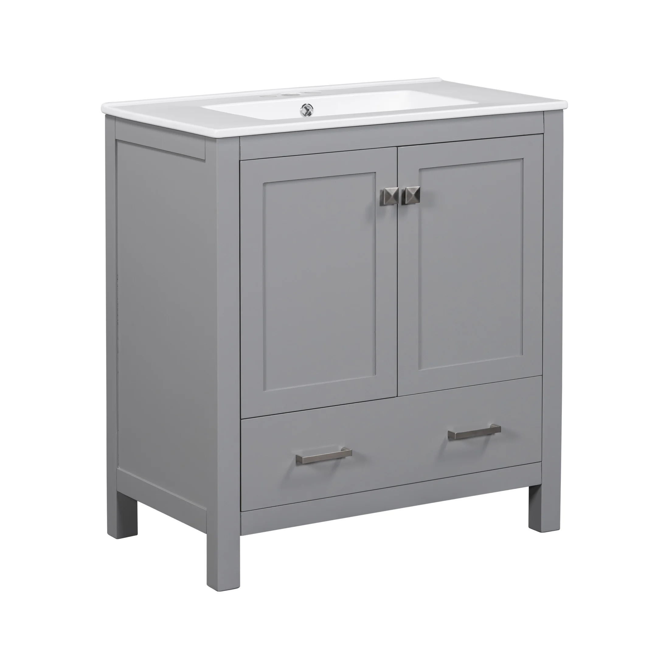 Zolaris Modern Bathroom Vanity with Ceramic Sink, Shelves, Drawers, Wood, Gray