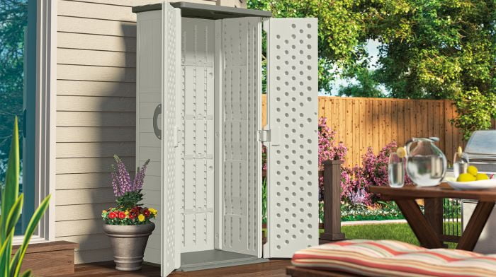 Suncast Resin Vertical Storage Shed, 22 Cubic Feet, Light Taupe, 2' 1.5in x 2' 8.5in x 6' - BMS1250 - Image 4 Suncast Resin Vertical Storage Shed, 22 Cubic Feet, Light Taupe, 2' 1.5in x 2' 8.5in x 6' - BMS1250 - Image 4